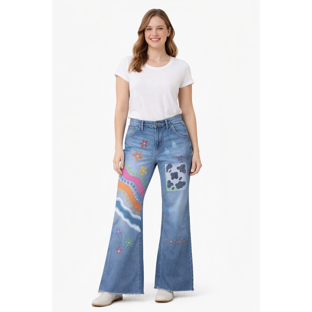High Rise Wide Leg Jeans Women Size 4 / 27 90's Retro Painted Jeans
